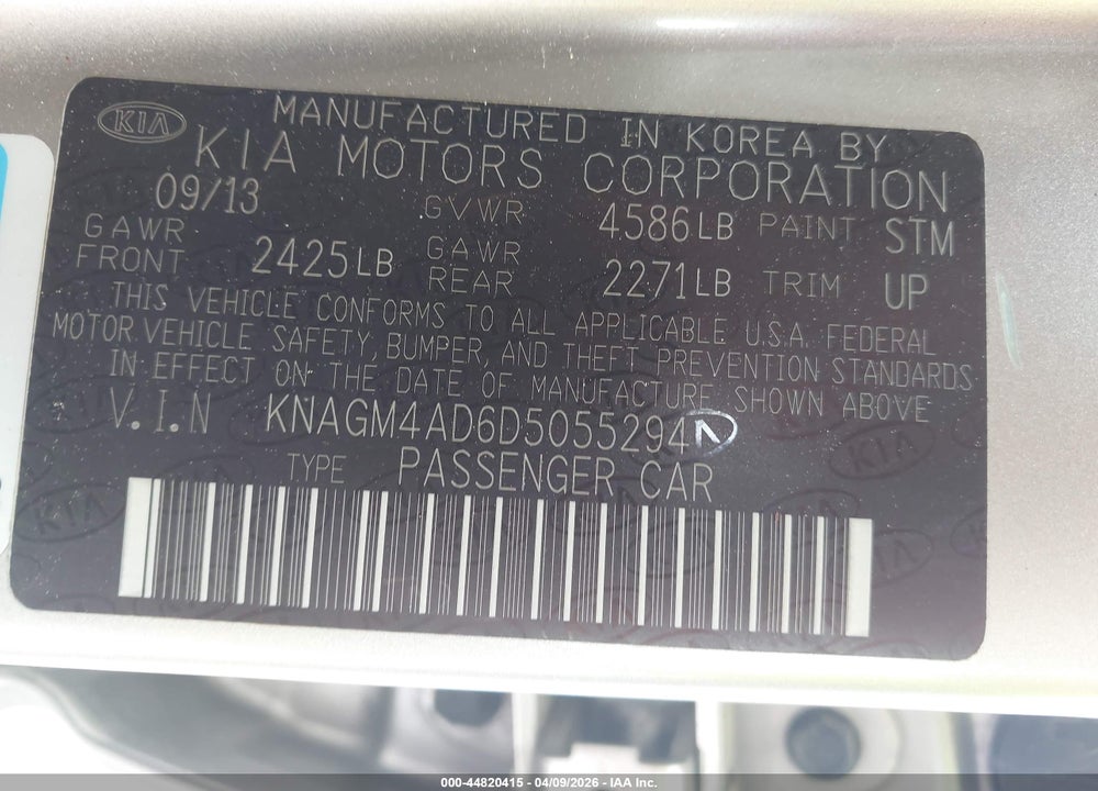 2013 KIA OPTIMA HYBRID LX VIN: KNAGM4AD6D5055294