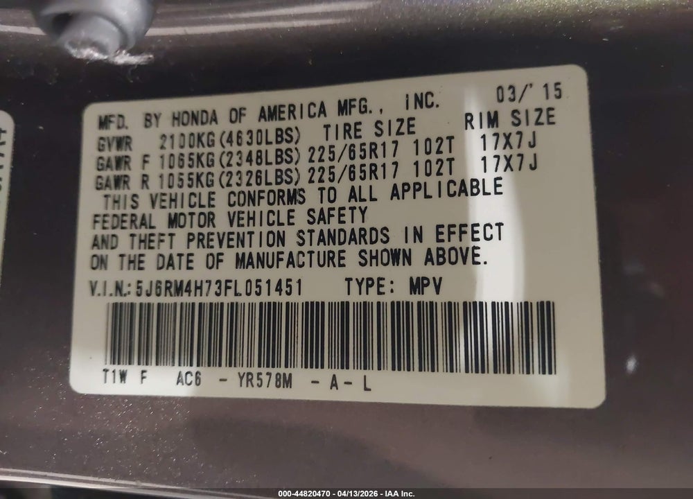 2015 HONDA CR-V EX-L VIN: 5J6RM4H73FL051451