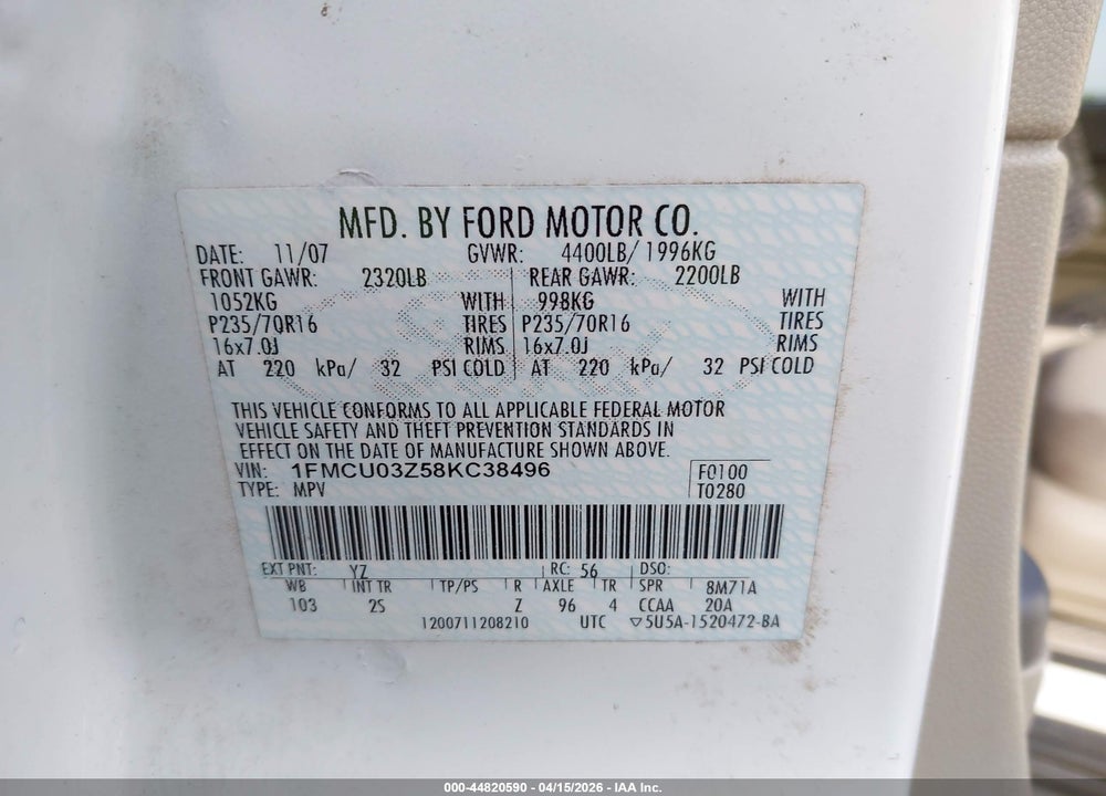 2008 FORD ESCAPE XLT VIN: 1FMCU03Z58KC38496
