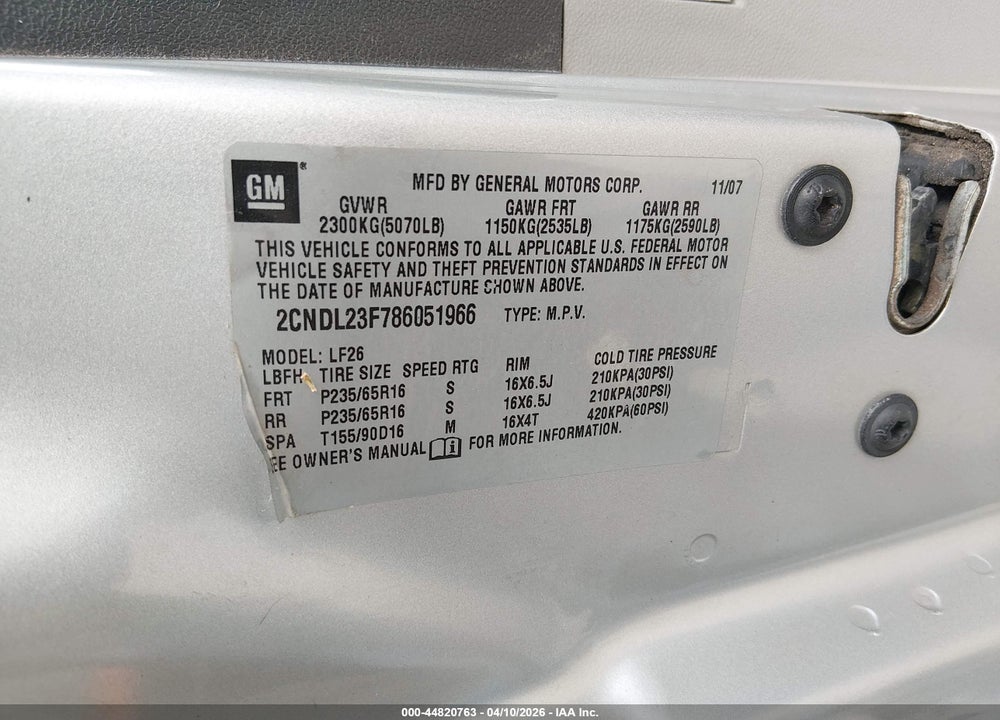 2008 CHEVROLET EQUINOX LS VIN: 2CNDL23F786051966