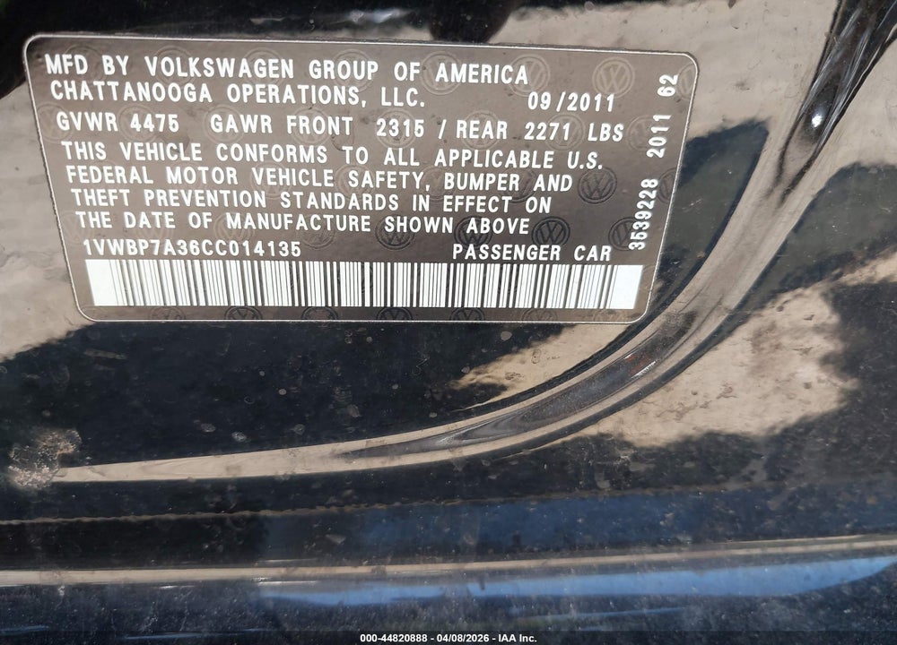 2012 VOLKSWAGEN PASSAT 2.5L SE VIN: 1VWBP7A36CC014135