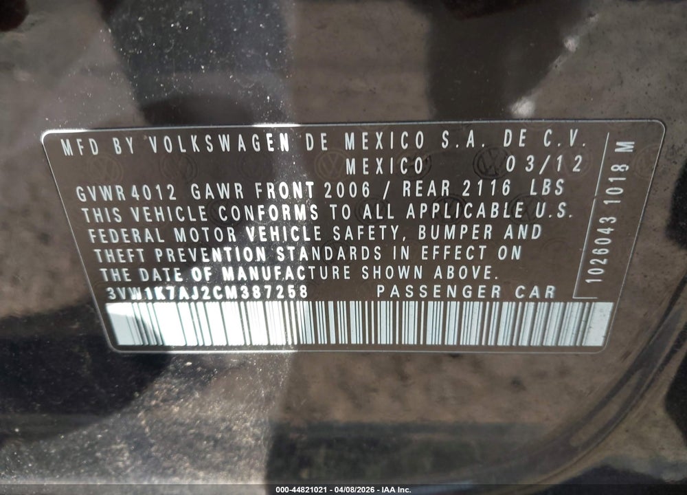 2012 VOLKSWAGEN JETTA 2.0L S VIN: 3VW1K7AJ2CM387258