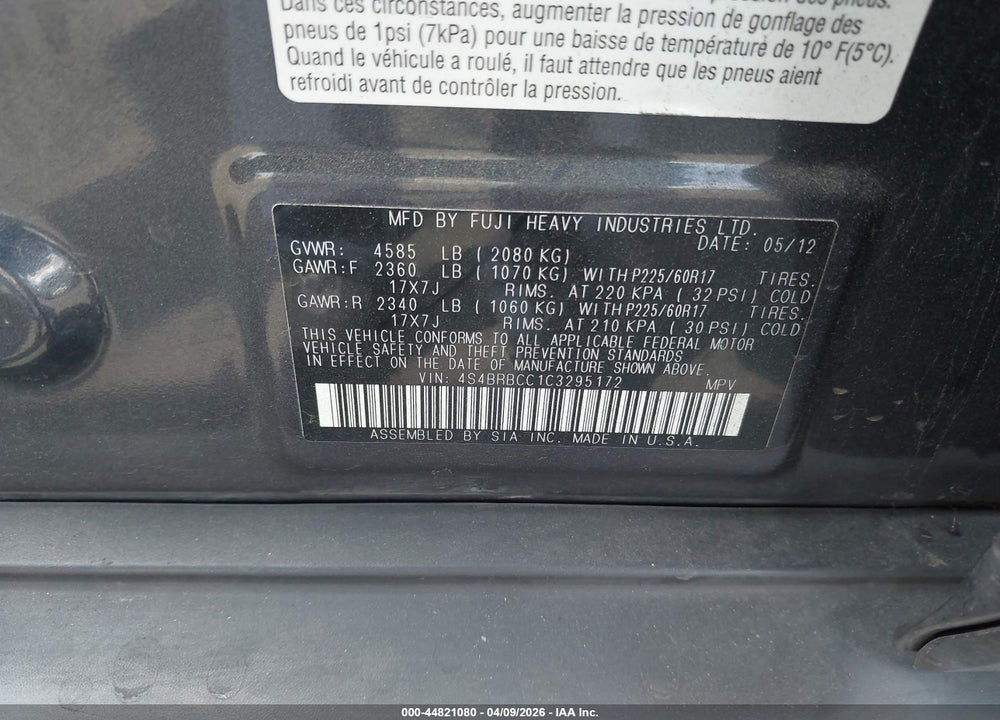 2012 SUBARU OUTBACK 2.5I PREMIUM VIN: 4S4BRBCC1C3295172
