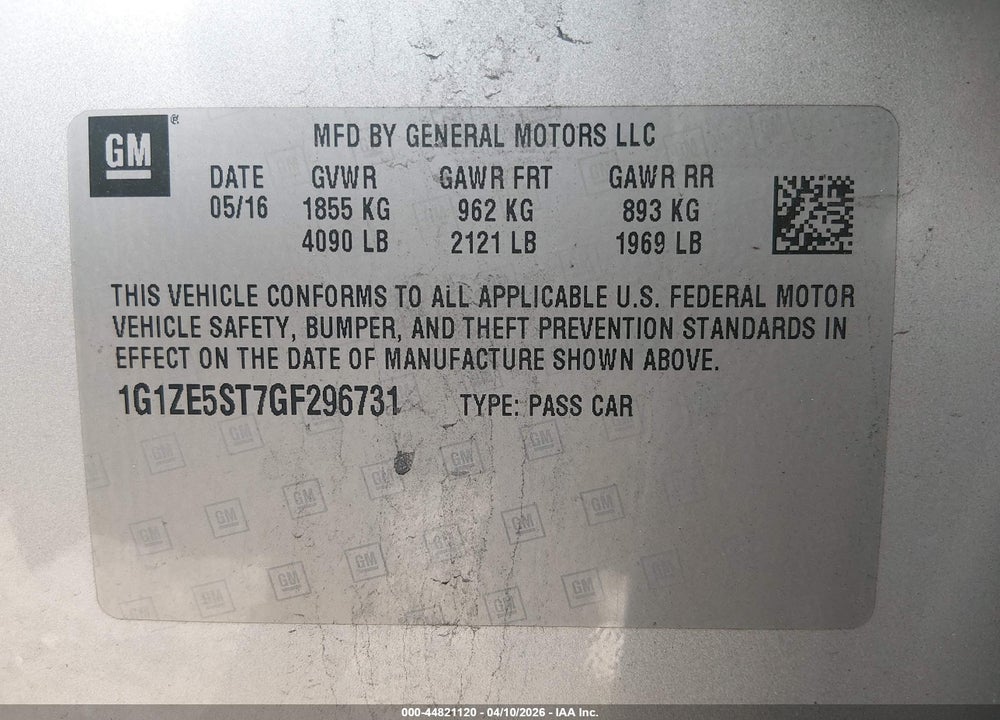 2016 CHEVROLET MALIBU 1LT VIN: 1G1ZE5ST7GF296731