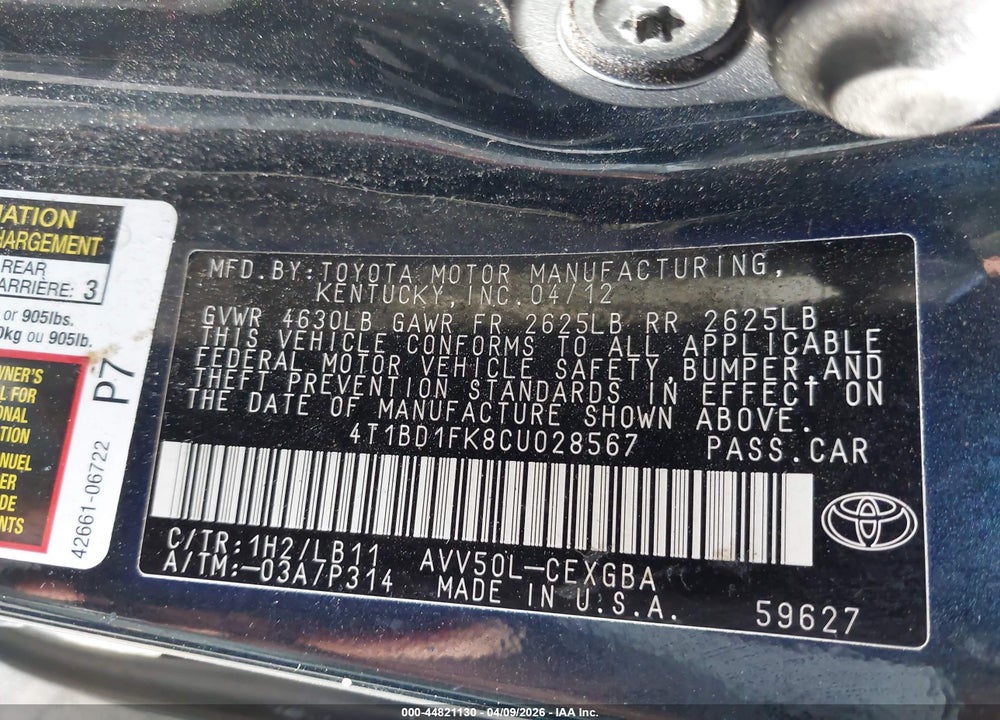 2012 TOYOTA CAMRY HYBRID XLE VIN: 4T1BD1FK8CU028567