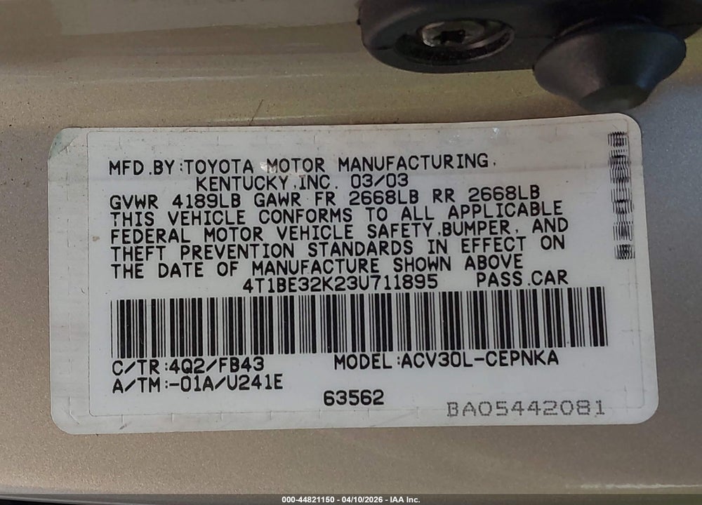 2003 TOYOTA CAMRY LE VIN: 4T1BE32K23U711895