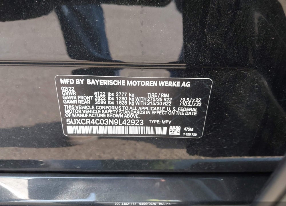 2022 BMW X5 SDRIVE40I VIN: 5UXCR4C03N9L42923