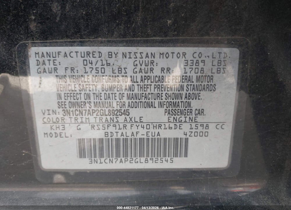 2016 NISSAN VERSA 1.6 S VIN: 3N1CN7AP2GL892545