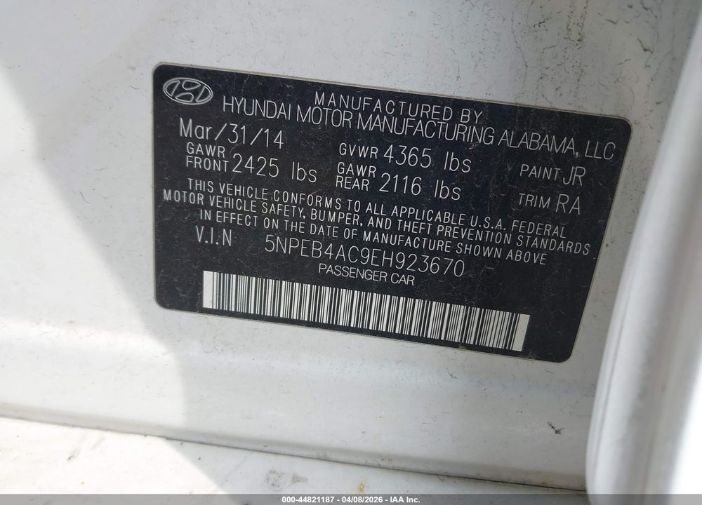 2014 HYUNDAI SONATA GLS VIN: 5NPEB4AC9EH923670