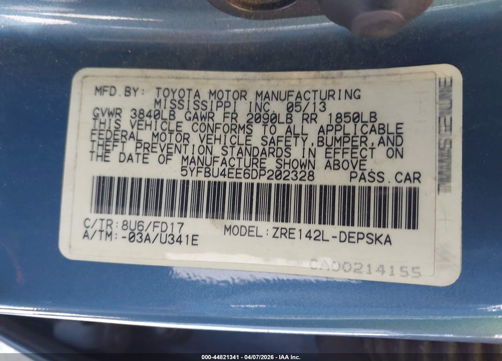 2013 TOYOTA COROLLA S VIN: 5YFBU4EE6DP202328