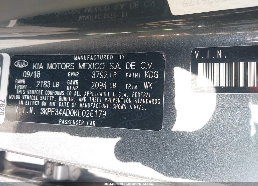 2019 KIA FORTE S VIN: 3KPF34AD0KE026179