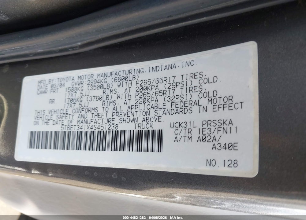2004 TOYOTA TUNDRA SR5 V8 VIN: 5TBET341X4S451238