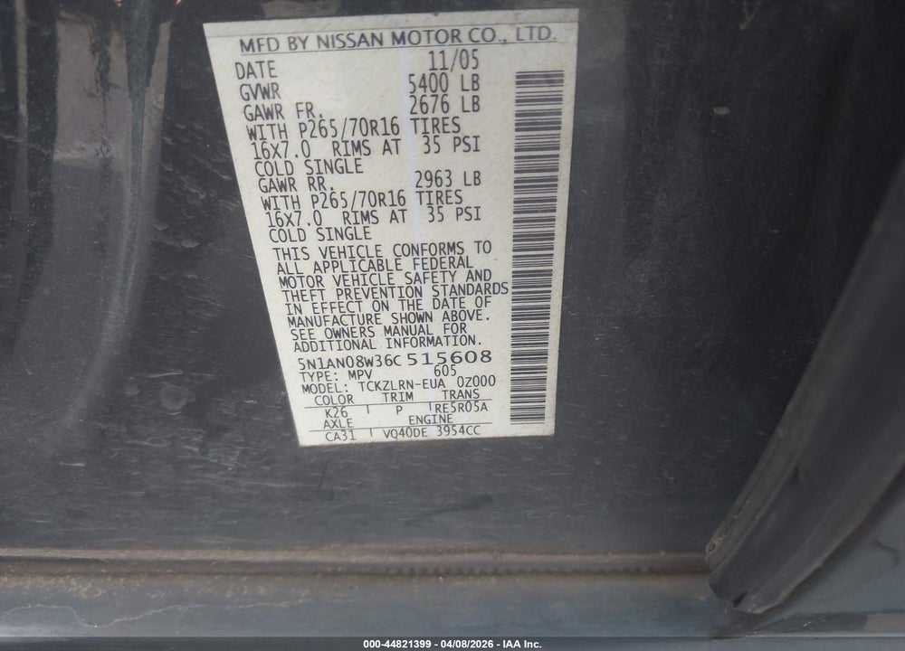2006 NISSAN XTERRA S VIN: 5N1AN08W36C515608