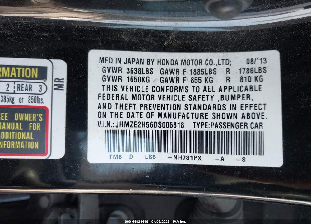 2013 HONDA INSIGHT LX VIN: JHMZE2H56DS006818