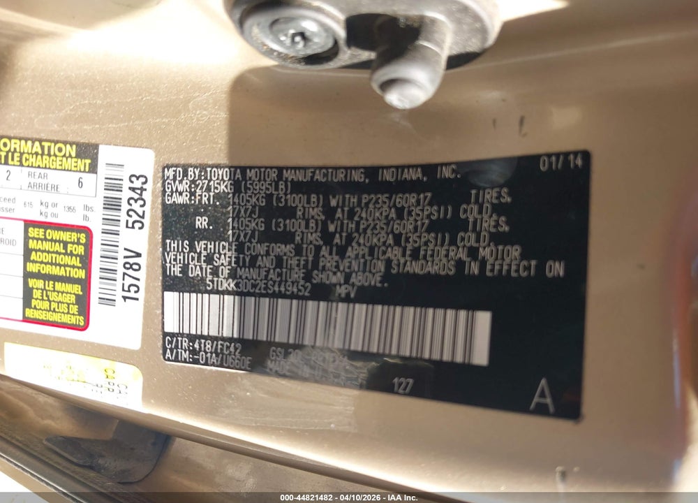 2014 TOYOTA SIENNA LE V6 8 PASSENGER VIN: 5TDKK3DC2ES449452