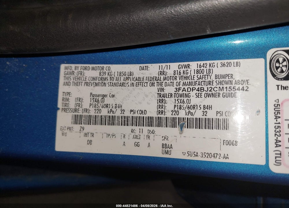 2012 FORD FIESTA SE VIN: 3FADP4BJ2CM155442