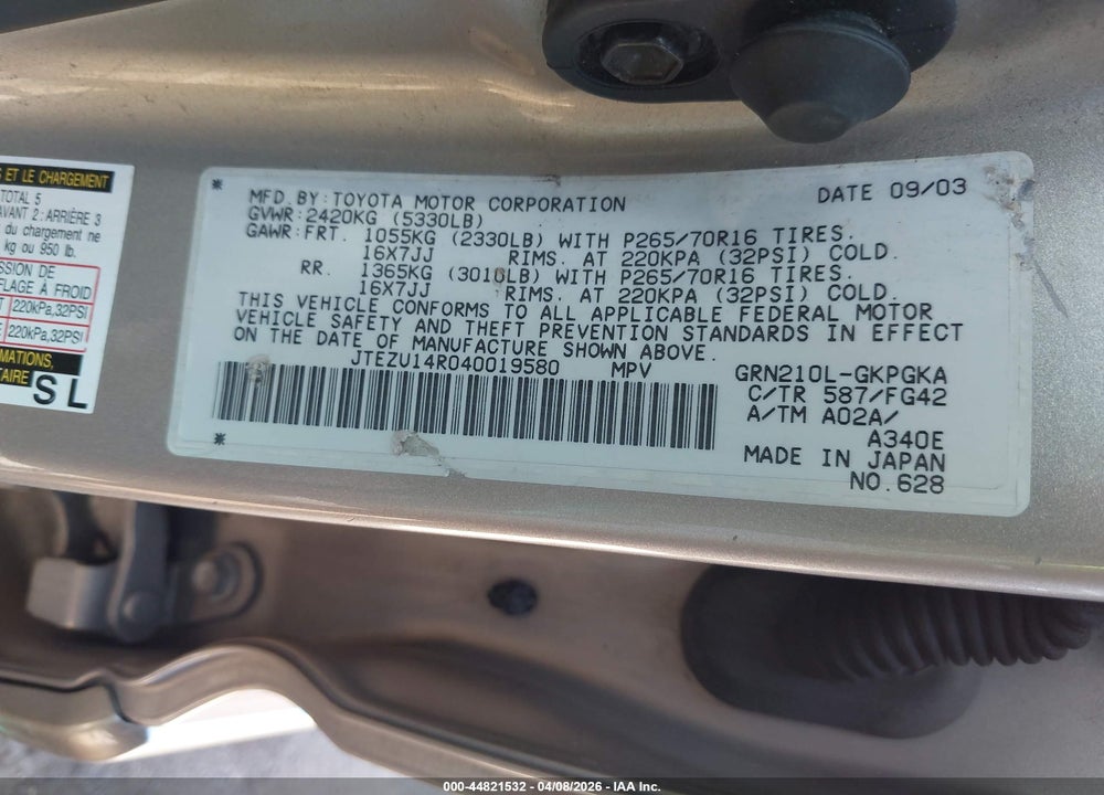 2004 TOYOTA 4RUNNER SR5 V6 VIN: JTEZU14R040019580