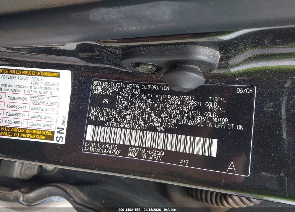 2006 TOYOTA 4RUNNER SR5 SPORT V6 VIN: JTEBU14R460102837