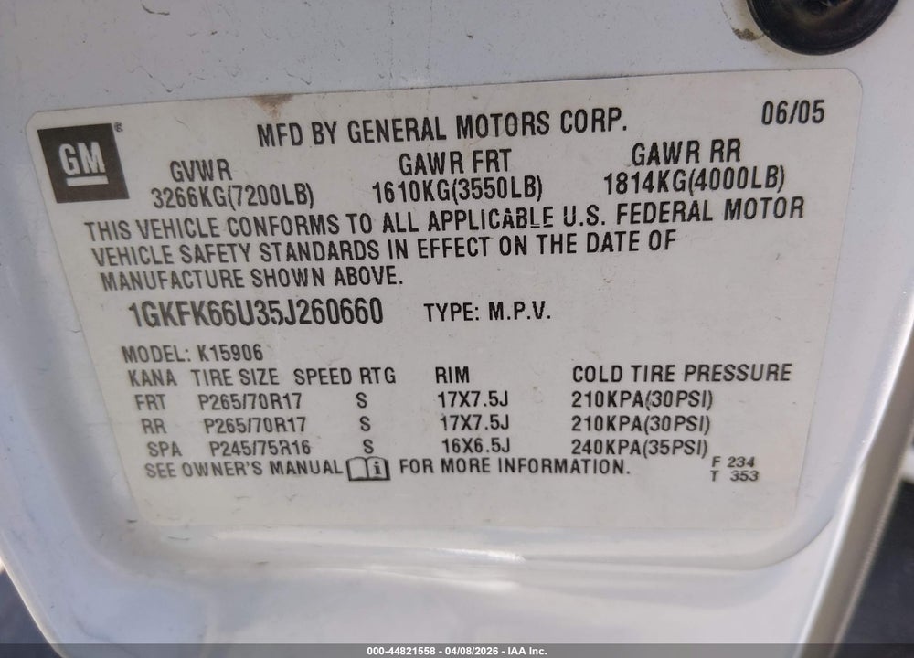 2005 GMC YUKON XL 1500 DENALI VIN: 1GKFK66U35J260660