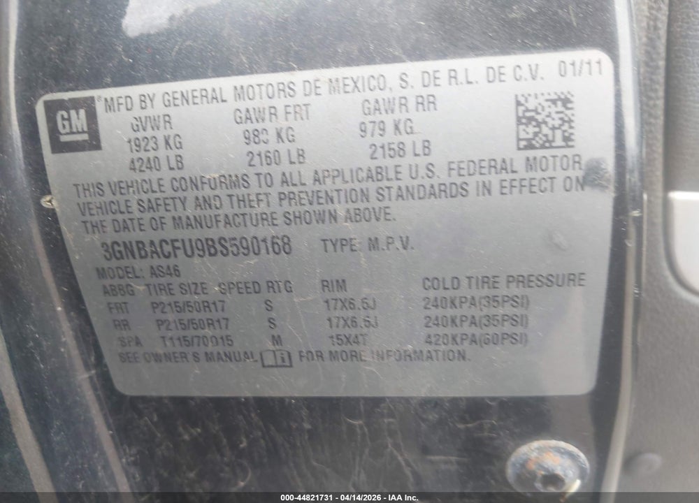 2011 CHEVROLET HHR LT VIN: 3GNBACFU9BS590168
