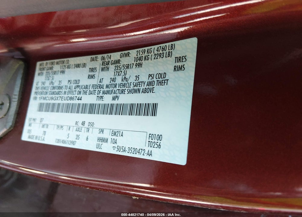 2014 FORD ESCAPE SE VIN: 1FMCU9GX7EUD86744