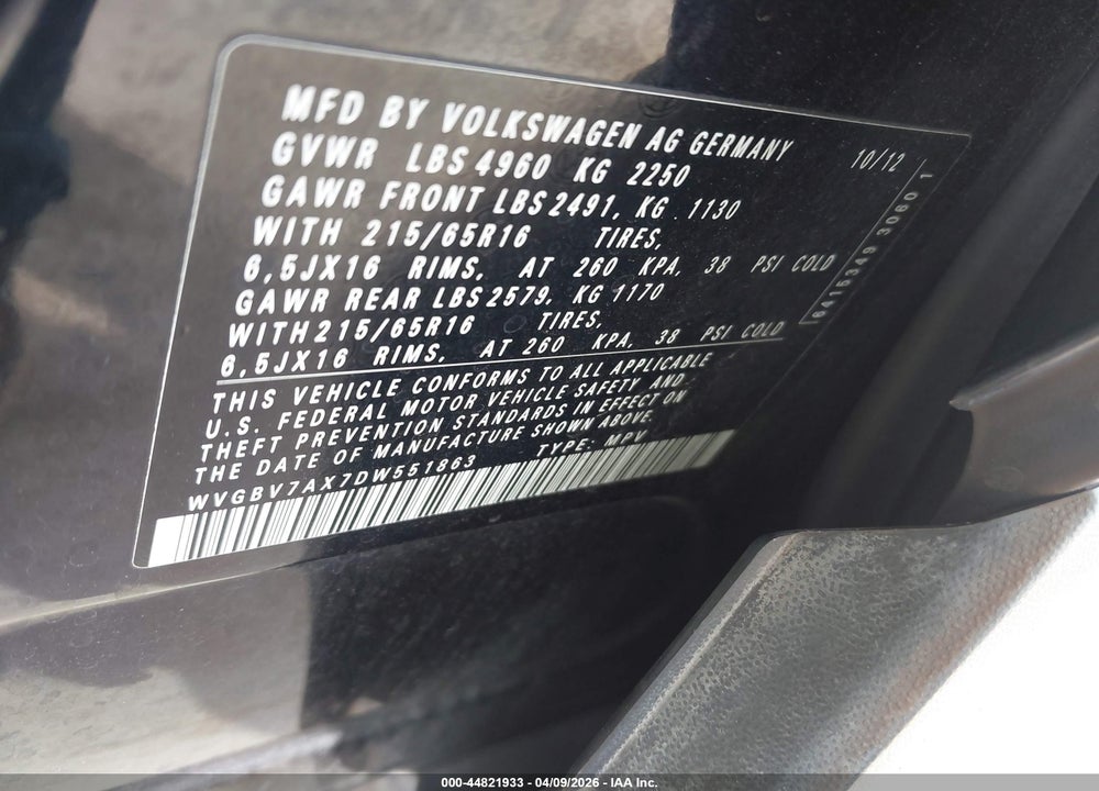 2013 VOLKSWAGEN TIGUAN S VIN: WVGBV7AX7DW551863