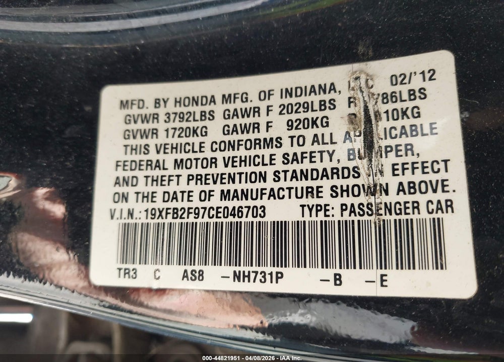2012 HONDA CIVIC EX-L VIN: 19XFB2F97CE046703