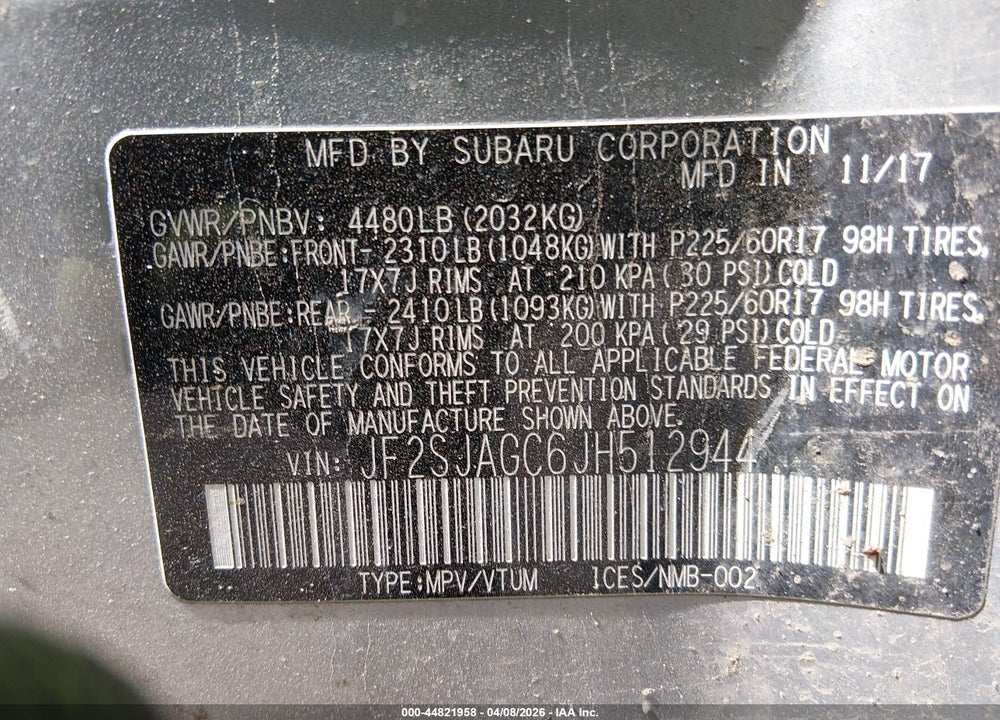 2018 SUBARU FORESTER 2.5I PREMIUM VIN: JF2SJAGC6JH512944