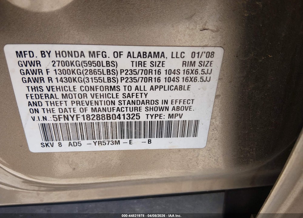 2008 HONDA PILOT VP VIN: 5FNYF18288B041325