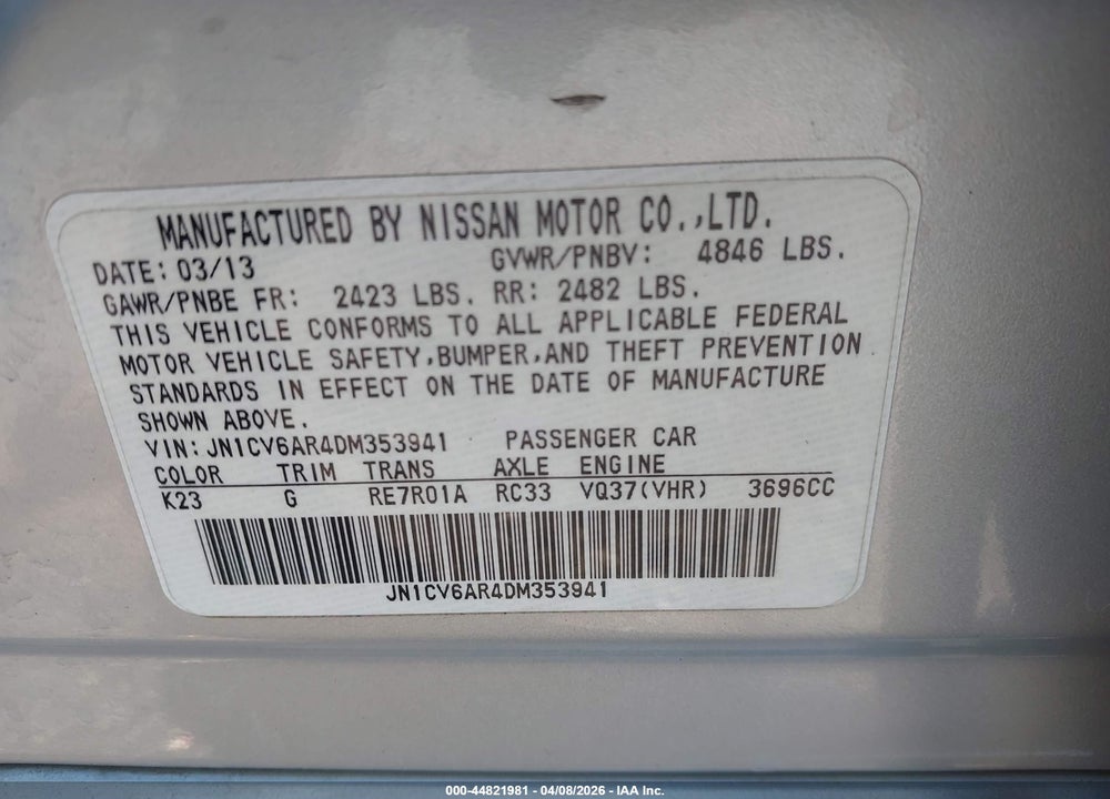 2013 INFINITI G37X VIN: JN1CV6AR4DM353941