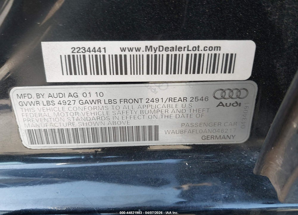 2010 AUDI A4 2.0T PREMIUM VIN: WAUBFAFL0AN046217