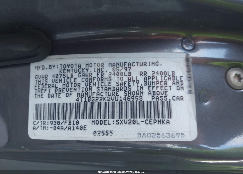 1997 TOYOTA CAMRY LE VIN: 4T1BG22K2VU146958