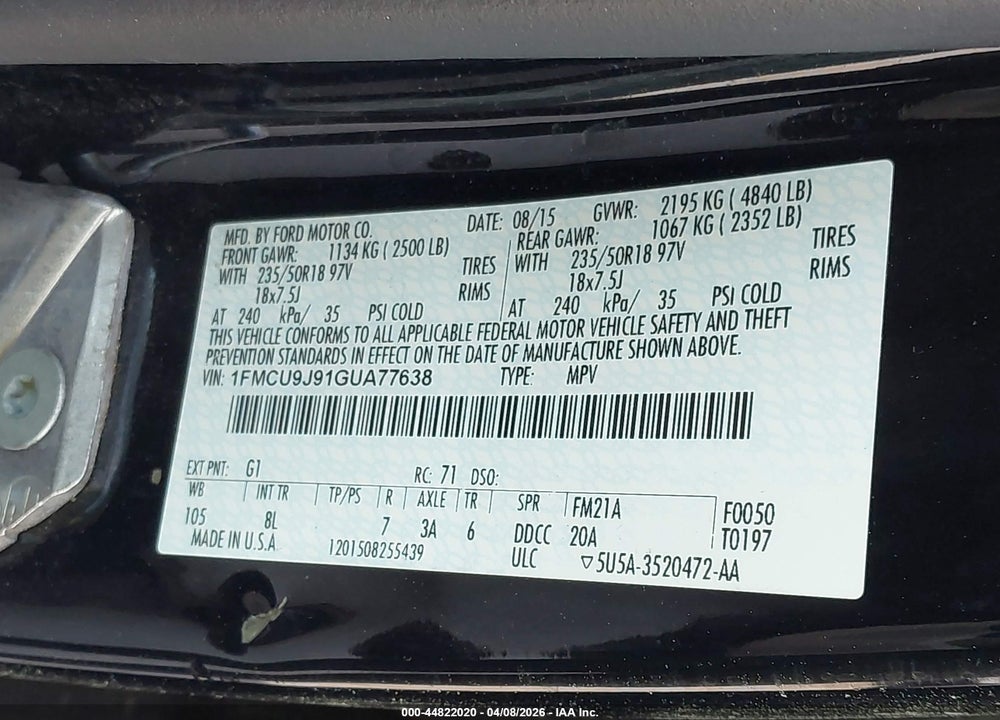 2016 FORD ESCAPE TITANIUM VIN: 1FMCU9J91GUA77638