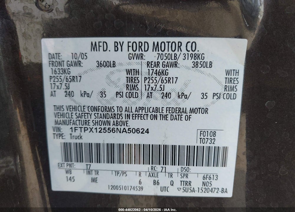 2006 FORD F-150 LARIAT/XL/XLT VIN: 1FTPX12556NA50624