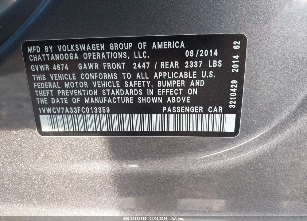 2015 VOLKSWAGEN PASSAT 2.0L TDI SEL PREMIUM VIN: 1VWCV7A33FC013359