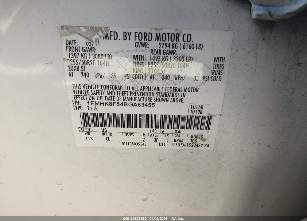 2011 FORD EXPLORER LIMITED VIN: 1FMHK8F84BGA63455