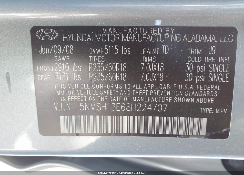 2008 HYUNDAI SANTA FE LIMITED/SE VIN: 5NMSH13E68H224707