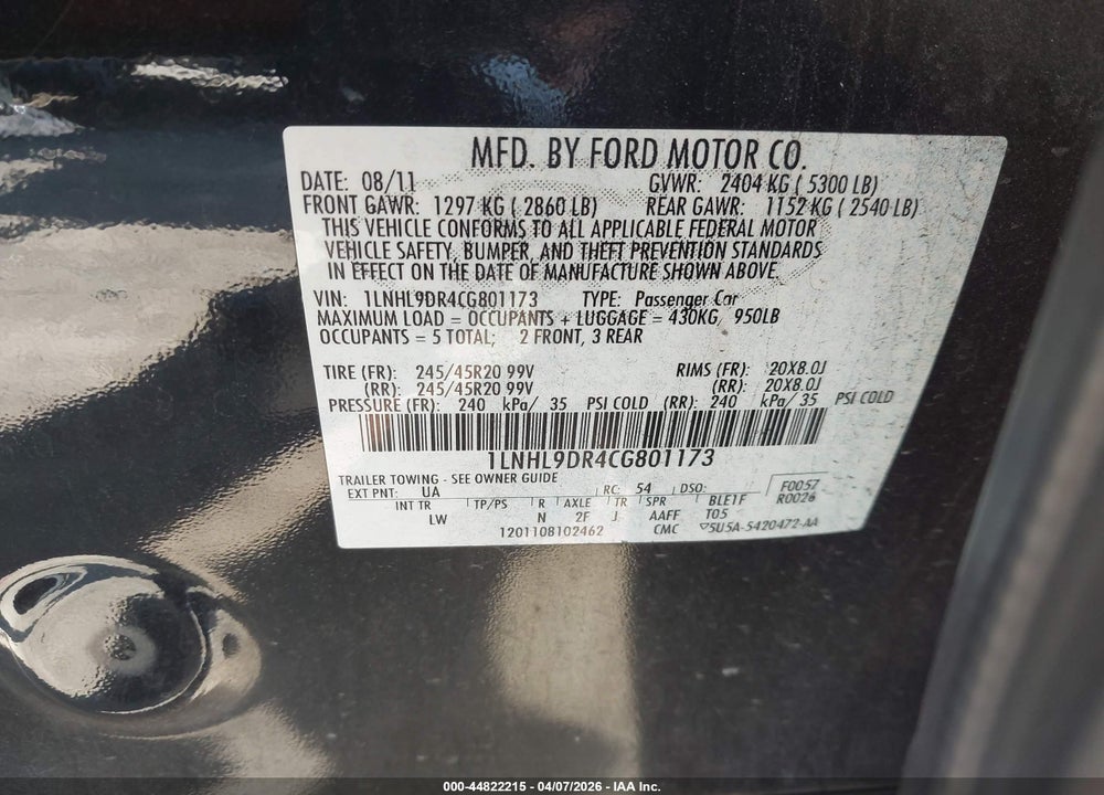 2012 LINCOLN MKS VIN: 1LNHL9DR4CG801173