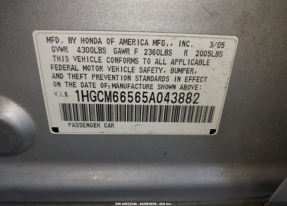 2005 HONDA ACCORD 3.0 EX VIN: 1HGCM66565A043882