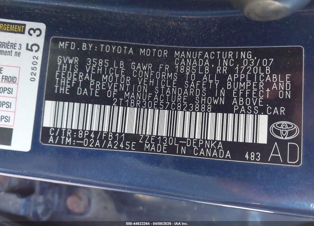 2007 TOYOTA COROLLA LE VIN: 2T1BR30E57C823888