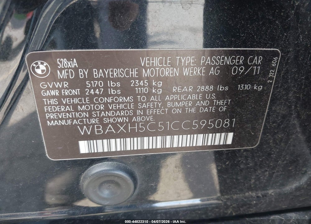 2012 BMW 528I XDRIVE VIN: WBAXH5C51CC595081