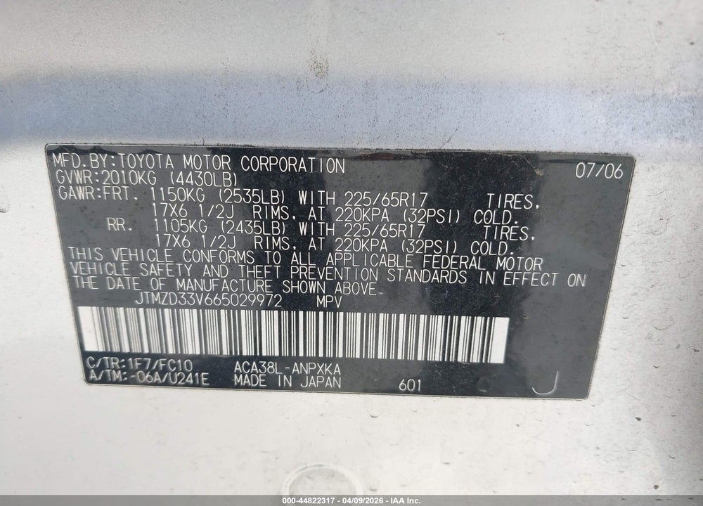2006 TOYOTA RAV4 VIN: JTMZD33V665029972