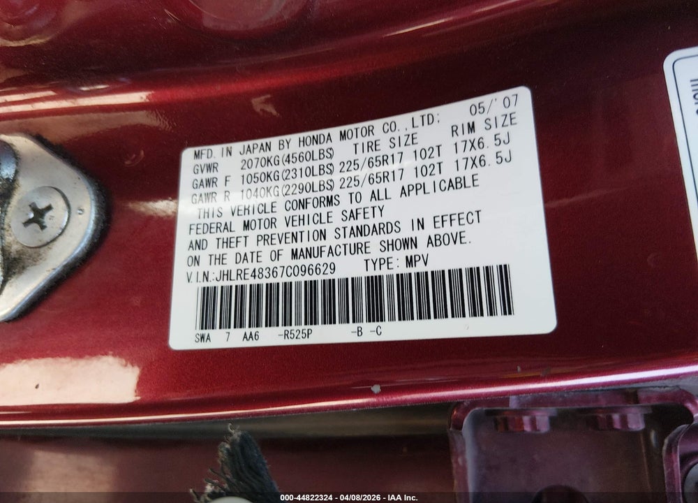 2007 HONDA CR-V LX VIN: JHLRE48367C096629
