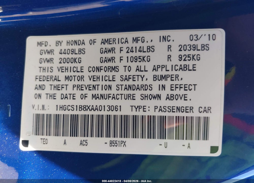 2010 HONDA ACCORD 2.4 EX-L VIN: 1HGCS1B8XAA013061