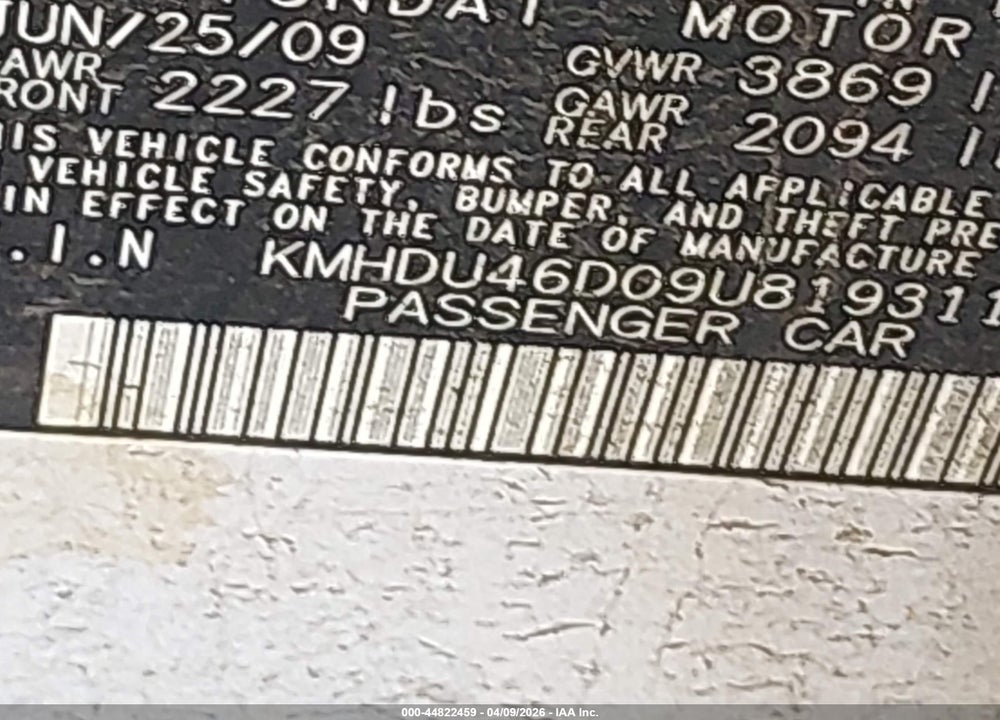 2009 HYUNDAI ELANTRA GLS VIN: KMHDU46D09U819311