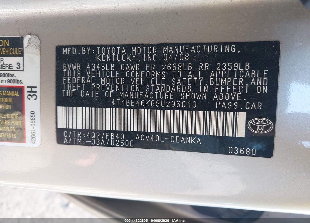 2009 TOYOTA CAMRY VIN: 4T1BE46K69U296010