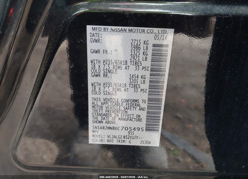 2014 NISSAN PATHFINDER SL VIN: 5N1AR2MN8EC705495