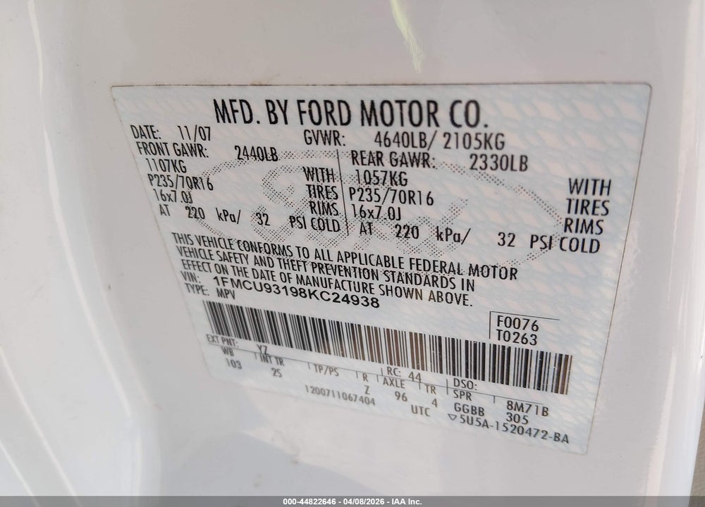 2008 FORD ESCAPE XLT VIN: 1FMCU93198KC24938