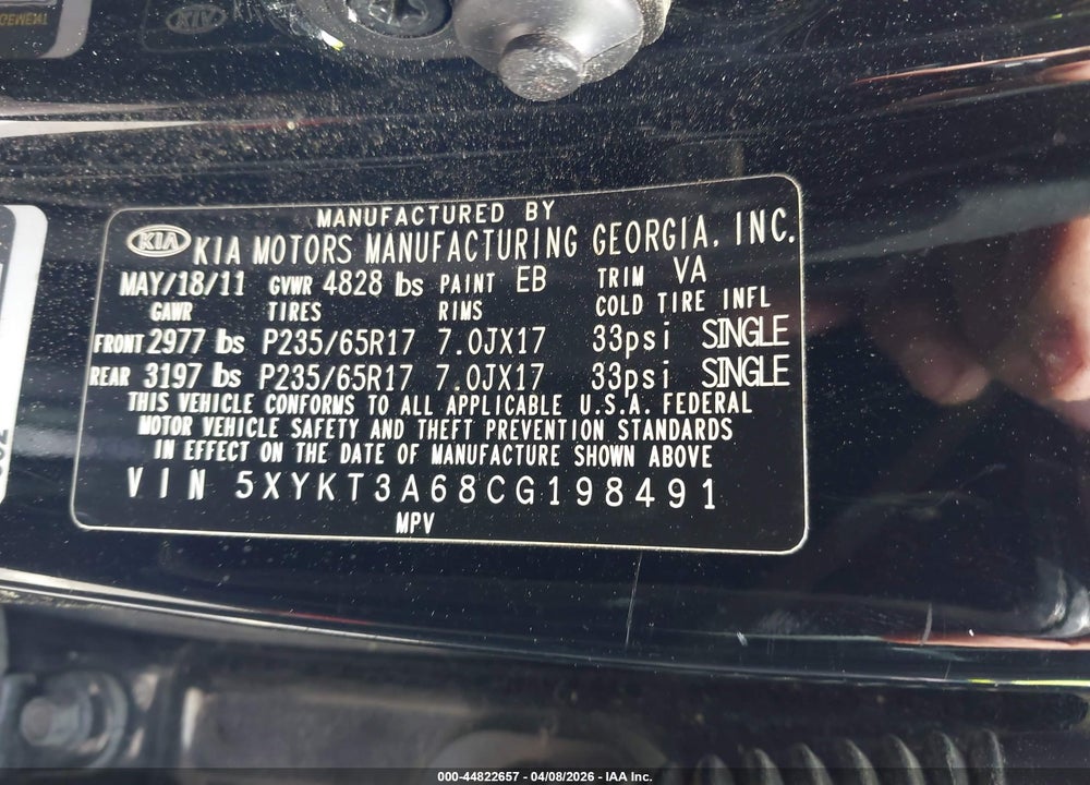 2012 KIA SORENTO LX VIN: 5XYKT3A68CG198491
