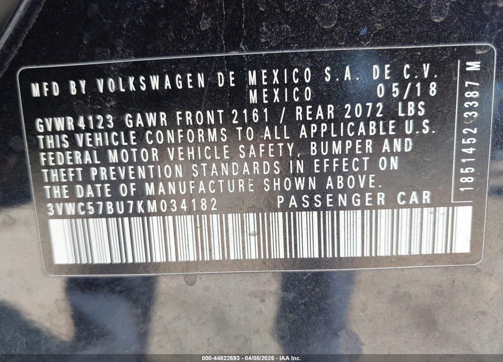 2019 VOLKSWAGEN JETTA 1.4T R-LINE/1.4T S/1.4T SE VIN: 3VWC57BU7KM034182